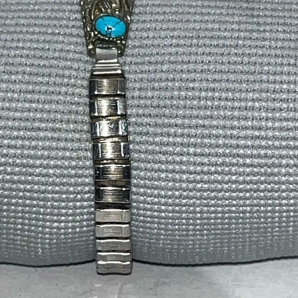 Vintage Xanadu Women's Silver Blue Faux Turquoise‎ Elastic Band Quartz Southwest